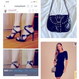 Bad girl outfit. Black bodycon dress, Italian studded heels, and mini purse